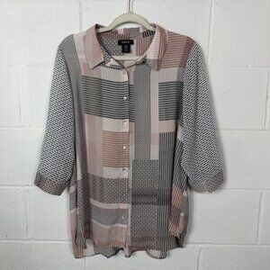 Jones & Co Tunic Top 3/4 Sleeves Drapey‎ Gray Pink Artsy Maximalist Office 1X
